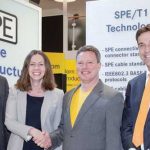 Looking forward to the partnership: Frank Welzel, Director Global Product Management, HARTING Electronics; Monika Kuklok, Director Communication & Power, TE Connectivity; Ralf Klein, Managing Director, HARTING Electronics; & Eric Leijtens, Global Product Manager of Industrial Communication, TE Connectivity (from left to right).