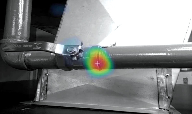 An air leak invisible to the naked eye detected by an acoustic camera.